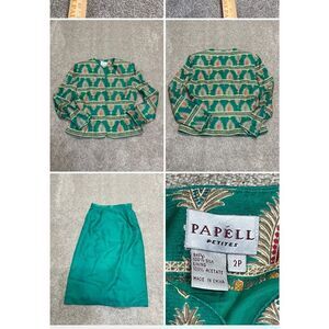 Adrianna Papell womens dress suit 2 piece set sz 2P green gold floral silk